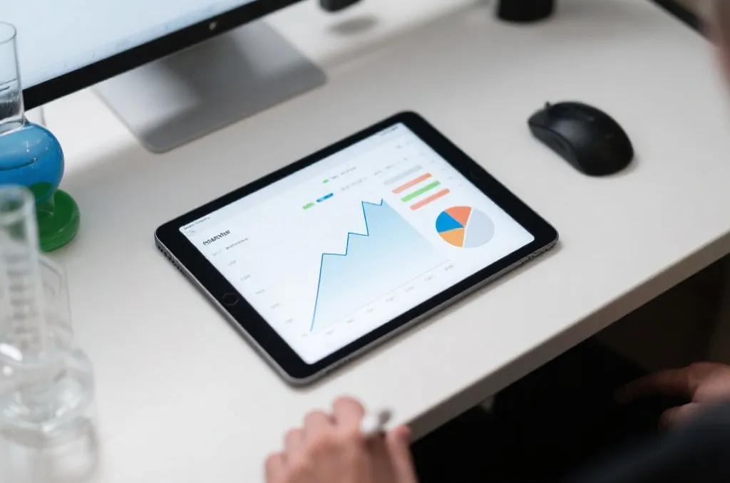 An analyst's workspace with a tablet displaying a clean line graph and scientific data slices